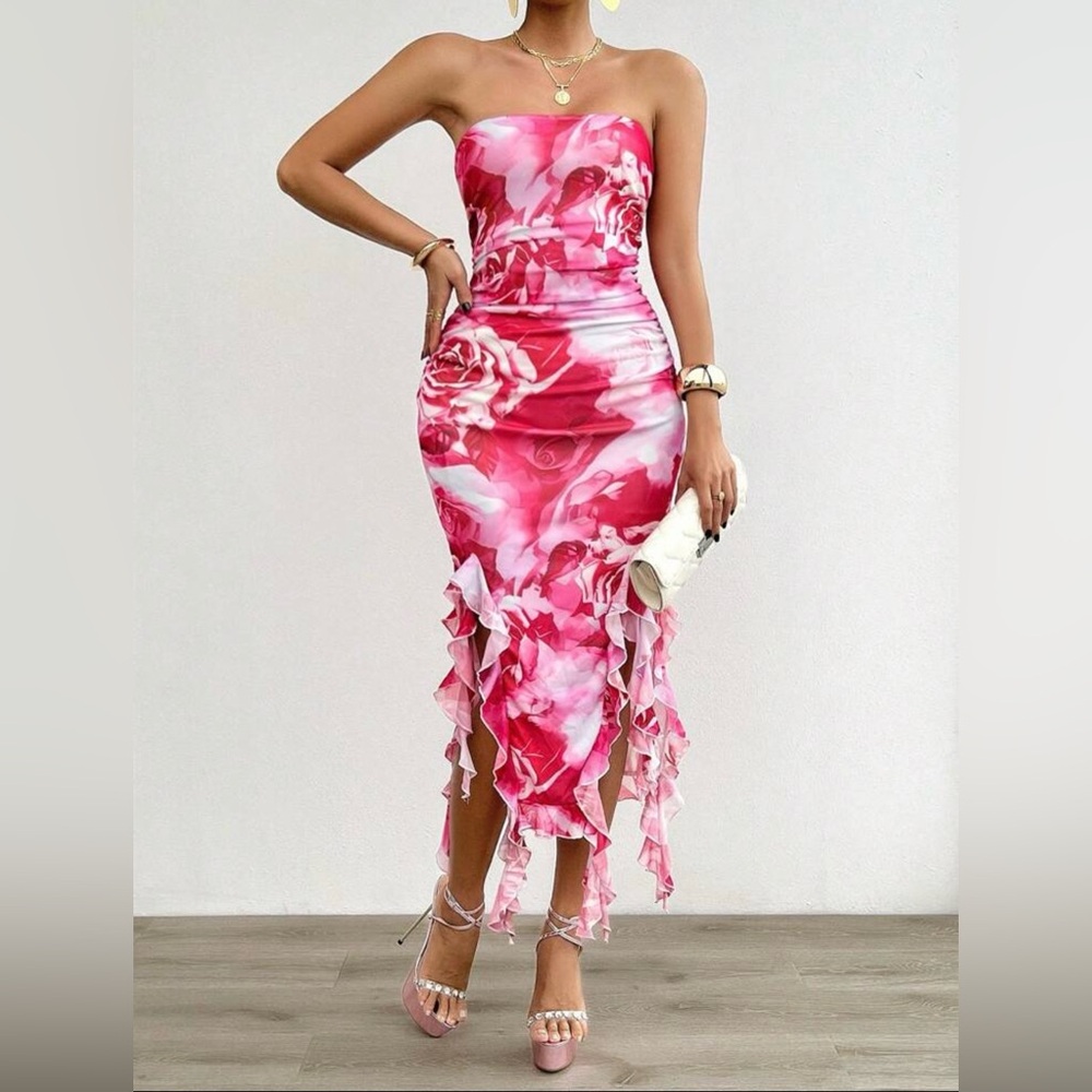 SHEIN Pink and White Strapless Dress